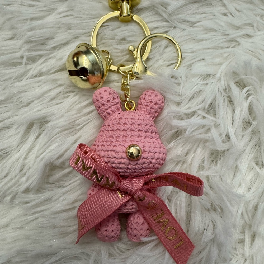 Pink Bunny Key & Card Holder Charm with Ribbon and Bell Accent
